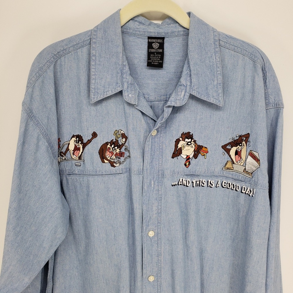 Vintage Warner Bros. Taz Tasmanian Devil Button Down Shirt Mens Large Blue Denim - Picture 4 of 10